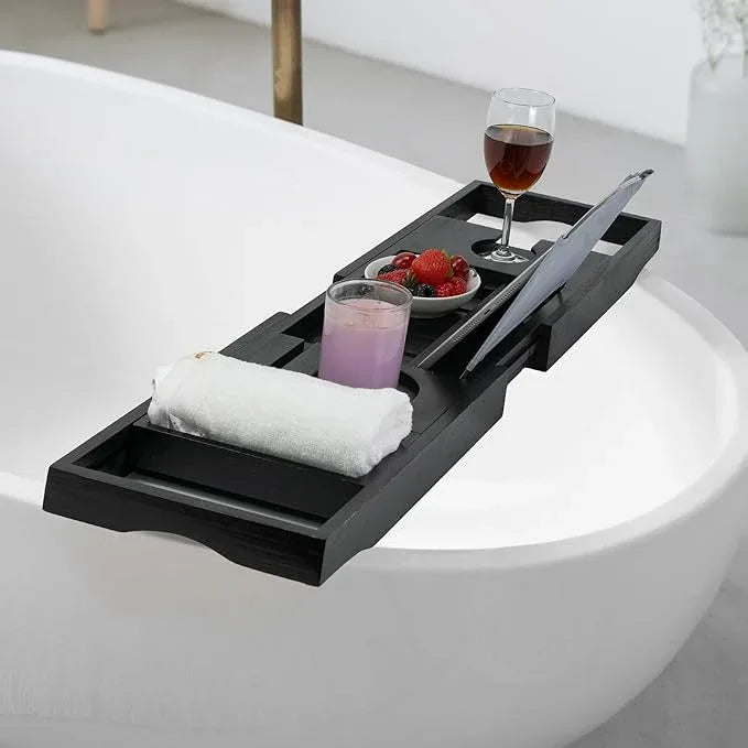 Utoplike Bamboo Bathtub Tray Caddy, Black Bath Tray Table for Tub, Adjustable Bathroom Organizer with Book Tablet Wine Glass Cup Towel Holder - ModernBath