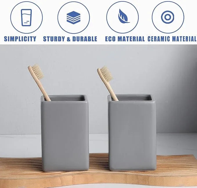 Grey Square Toothbrush Holders - Ceramic Toothbrush Holders for Bathrooms, Toothbrush Toothpaste Holders, Marble Bathroom Tumbler Cups Reusable Toothbrush Mouthwash Cup, Bathroom Counter Organizer - ModernBath