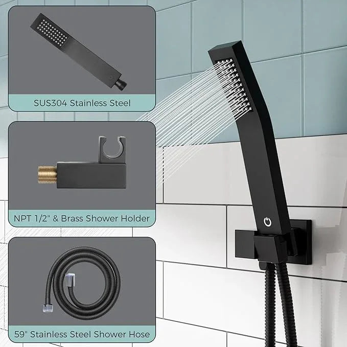 FORIOUS Shower Head System, 12 Inch Rain Shower Faucet Set with Handheld Spray Combo Rough-in Valve, Solid Brass Pressure Balanced Valve Trim Kit, Ceiling Mount, Matte Black - ModernBath
