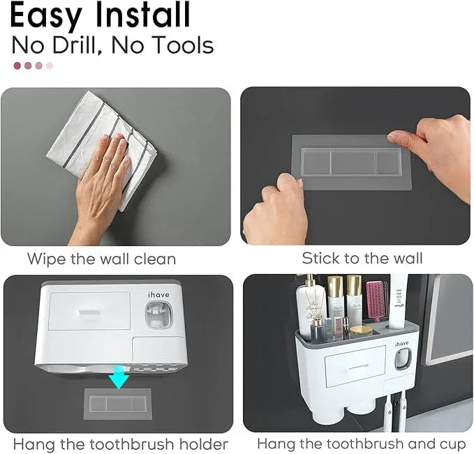 iHave Toothbrush Holders for Bathrooms, 2 Cups Toothbrush Holder Wall Mounted with Toothpaste Dispenser - Large Capacity Tray, Cosmetic Drawer - Bathroom Decor & Bathroom Accessories - ModernBath