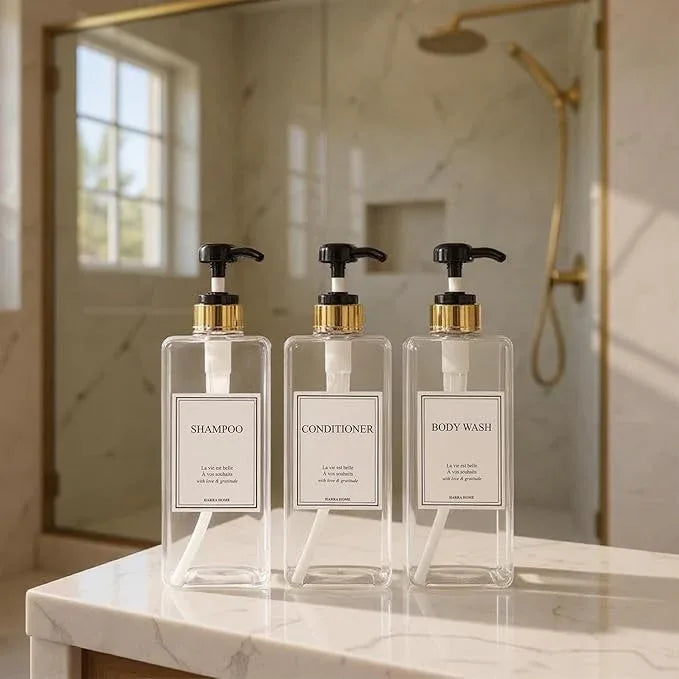 Modern Gold Design Shampoo and Conditioner Dispenser, Large 27oz Shower Soap Dispenser, Set of 3 Refillable Empty Plastic Pump Bottles for Bathroom (6 Waterproof Labels Included), (Clear & Black) - ModernBath