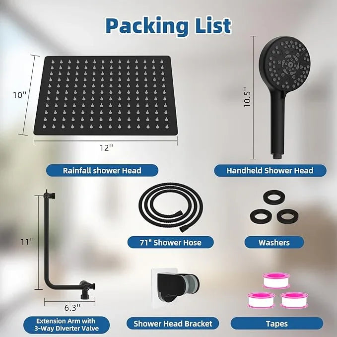 12" All Metal Shower Head, High Pressure Rainfall Shower Head/Handheld Showerhead Combo with 11" Adjustable Shower Extension Arm, 71" Hose, Shower Head Holder, Matte Black - ModernBath