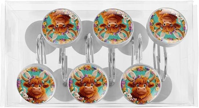 Easter Highland Cows and Flowers Shower Curtain Hooks Rings, Stainless Steel Rust Proof Shower Curtain Hooks, Decorative Shower Hooks for Bathroom Shower Rods Curtains, Set of 12 - ModernBath
