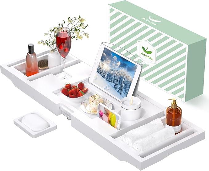 Artmalle Bathtub Caddy Tray - Expandable and Foldable Bath Tray for Tub, Luxury Bamboo Bath Caddy Tub Table, Bathtub Accessories with Book Holder and Free Soap Dish, White - ModernBath