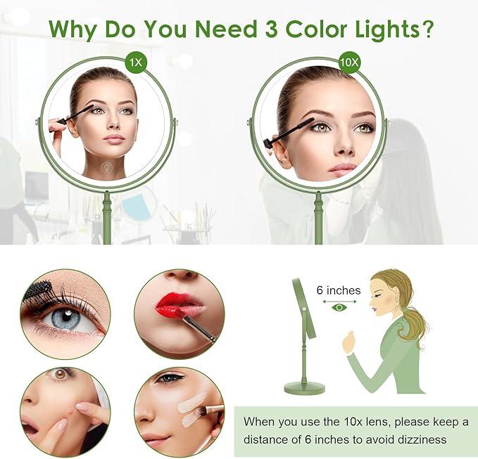 Lighted Makeup Mirror, 3000 mAh Rechargeable Double Sided Magnifying Vanity Mirror with 3 Colors, 1x/10x, 360° Rotation , Brightness Adjustable Magnification Cosmetic Light up Mirror, Women Gift - ModernBath