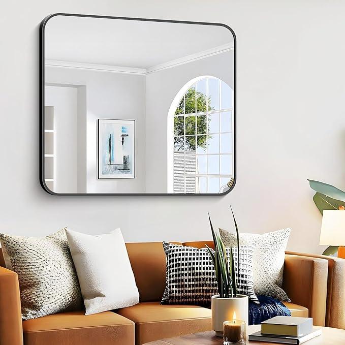 CIVENO Bathroom Mirror, 48 x 40 inch Black Rectangle Wall Mirror, Metal Frame Rectangular Vanity Mirror, Rounded Corner Wall Mounted Mirror for Modern Bedroom Living Room Hangs Horizontal/Vertical - ModernBath