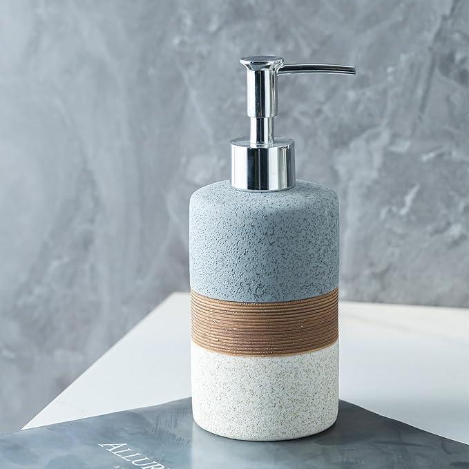 Cormomu Ceramic Soap Dispenser Set for Hand Soap, Shampoo, Dish Soap, Conditioner, Bathroom & Kitchen, Stainless Steel Pump, Includes Silicone Funnel, 12 Oz, Non-Slip, Elegant Kitchen Decor, Gray - ModernBath