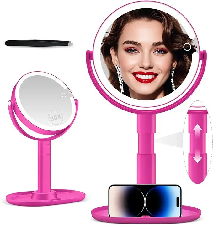 MIYADIVA Makeup Mirror with Lights, 30X Magnifying Mirror with Light and Touch Switch, Vanity Mirror with 3 Color Light and 80 LEDs, Height Adjustable Desk Mirror with Lights, Hot Pink - ModernBath