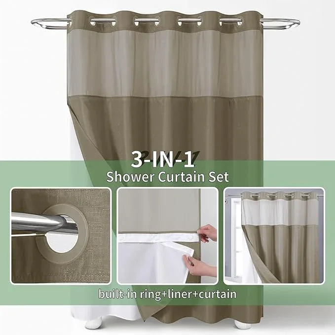 eachope No Hook Shower Curtain with Snap-in Fabric Liner Set,Slub Textured Fabric Shower Curtains for Bathroom,Hotel Style Modern Shower Curtain,Water Repellent & Washable,71x74(72),Tan/Khaki - ModernBath