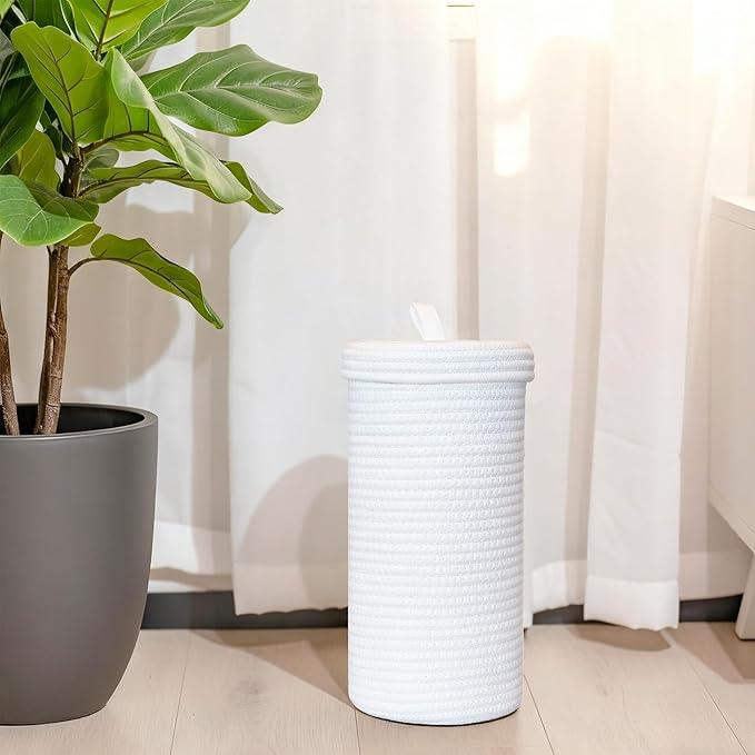 Toilet Paper Holder Handmade – Cotton Woven Toilet Paper Stand & Storage Basket with Lid, Freestanding Organizer for Bathroom, Fits 3 Rolls White - ModernBath