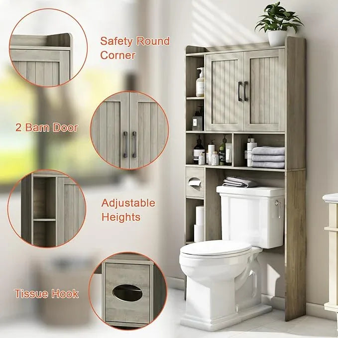 Farmhouse Storage Cabinet Over Toilet with 2 Barn Doors & Toilet Paper Holder Stand, Space-Saving Bathroom Rack - ModernBath