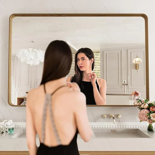 LOAAO 55X30 Inch Bathroom Mirror with Wood Grain Colored Metal Frame, Rounded Rectangle Metal Framed Bathroom Mirror, Anti-Rust, Hangs Horizontally or Vertically, Tempered Glass - ModernBath