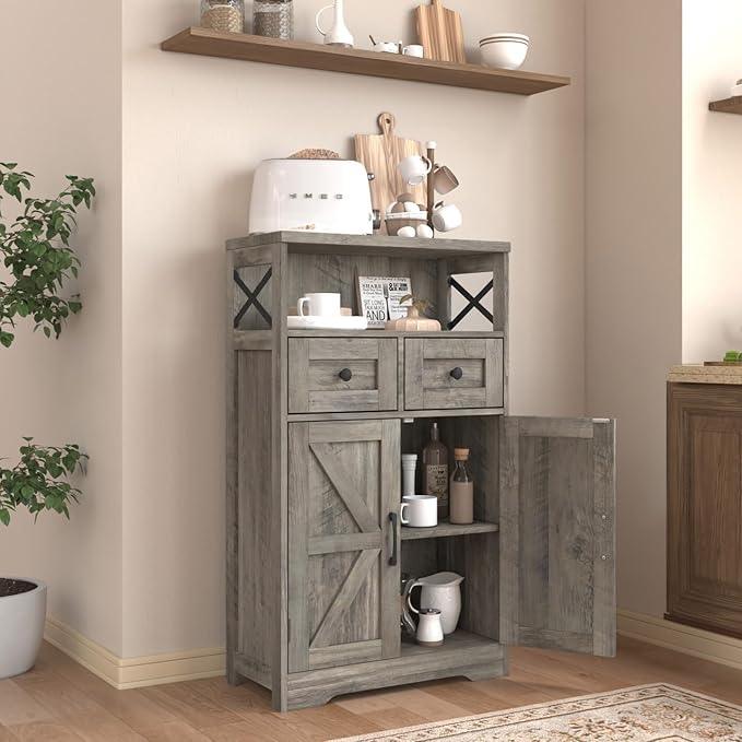 Farmhouse Storage Cabinet with Barn Doors and Open Shelf, Kitchen Pantry with Storage, Coffee Bar Station, Freestanding Cupboard Hutch Cabinet for Kitchen, Dinning Room, Livingroom, Grey - ModernBath