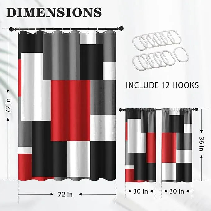 Culudea Geometric Red White Shower Curtain Set, Black and Gray Modern Bathroom Window Waterproof Shower Curtain Set for Bathroom Decor - ModernBath