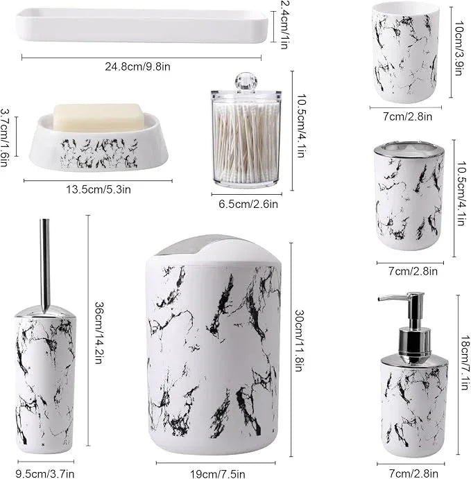 XLHOMO White Marble Bathroom Accessories Set, White Bathroom Set with Trash Can, Vanity Tray, Soap Dispenser, Soap Dish, Toothbrush Holder, Toothbrush Cup, Toilet Brush and Qtip Holders for Bathroom - ModernBath