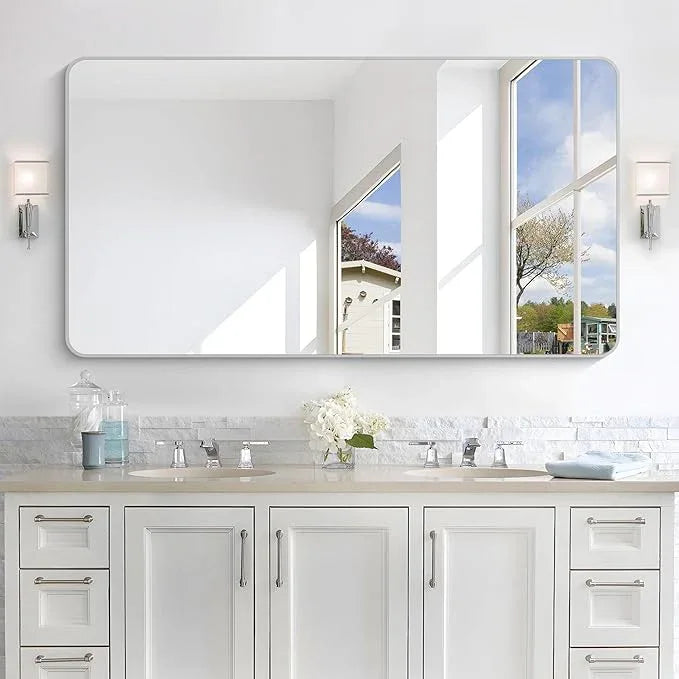 CIVENO 55x30 Inch Silver Bathroom Mirror, Large Rectangular Vanity Mirror, Metal Framed Rectangle Mirrors, Rounded Corner Wall Mounted Mirrors for Living Room Bedroom Entryway Horizontal or Vertical - ModernBath