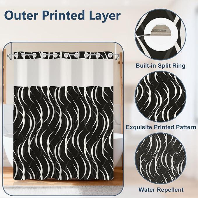 No Hook Black and White Striped Shower Curtain with Liner, Abstract Modern Minimalist Geometric Decor Bathroom Curtains, Hotel Style Waterproof Fabric Shower Curtain with Top Sheer Window, 71x74 Inch - ModernBath