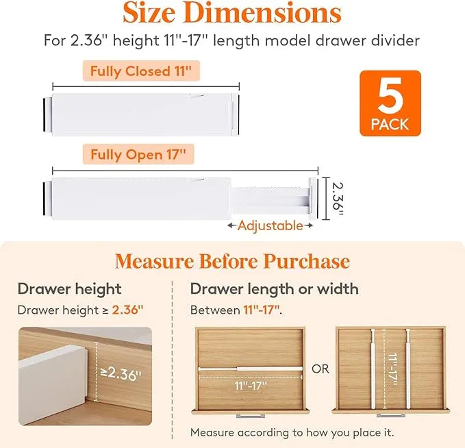 Lifewit 5 Pack Clothes Drawer Dividers 2.36" High, 11"-17" Adjustable Drawer Organizer for Clothing/Makeup, Plastic Expandable Separators in Kitchen/Dresser/Bathroom/Office Organization & Storage - ModernBath