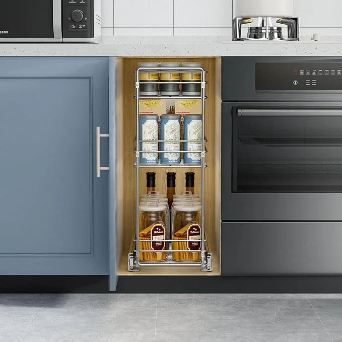 ROOMTEC Pull Out Spice Rack for Narrow Cabinet (5½" W X 20½" D),3 Tier Slide Out Cabinet Organizer and Pull Out Shelves Under Cabinet Storage for Kitchen, Chrome - ModernBath