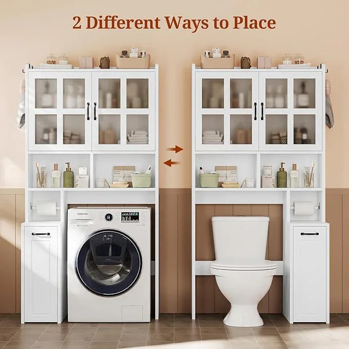 Over The Toilet Storage Cabinet with Pulley Small Bathroom Storage Cabinet, Space Saver W/Adjustable Shelf & Glass Doors for Bathroom, Restroom, Laundry (Frosted Mirror-Type B) - ModernBath