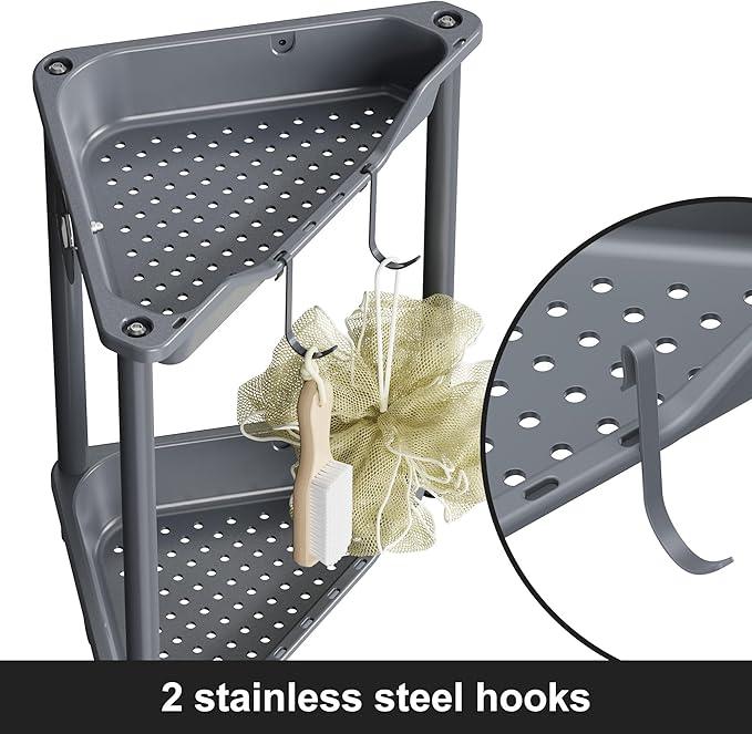 Orimade Rustproof 2 Tier Floor Standing Corner Shower Caddy Organizer, Plastic Metal Splicing Floor Corner Shelf Rack Stands for Bathroom, Grey - ModernBath