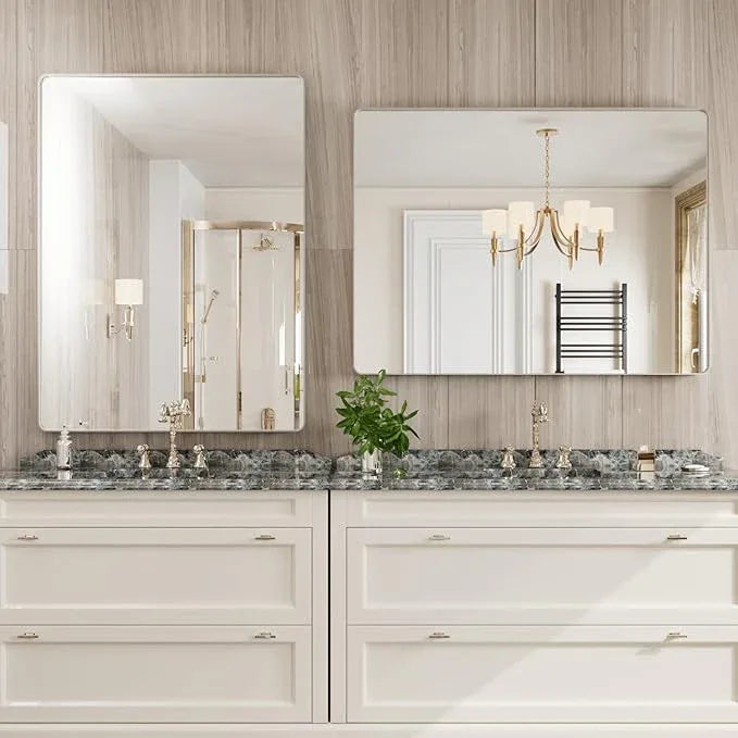 JISOSO Brushed Nickel Bathroom Mirror 48x36 Inch, Brushed Silver Metal Frame Mirror Wall Mounted, Rounded Rectangle Bathroom Vanity Mirror, Tempered Glass, Anti-Rust, Horizontal/Vertical - ModernBath