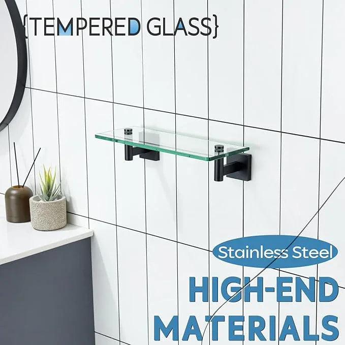 KOKOSIRI Bathroom Shelves Glass Floating Shelf 12-Inch for Bedroom, Living Room, Kitchen, Small Hanging Rack Rustproof Wall Mounted Black B1105BK-L12 - ModernBath