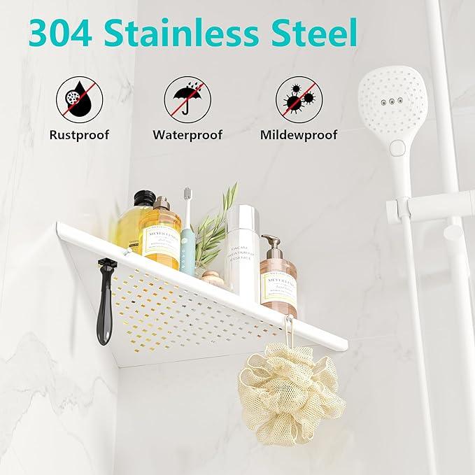 10" Bathroom Corner Shelf, 2 Pack Recessed Shower Shelf Caddy, SUS304 Stainless Steel Shelf Wall Mount Triangular, No Drilling Matte White - ModernBath
