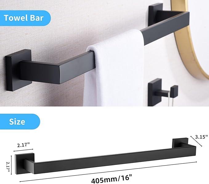 Bathroom Hardware Set Matte Black,16-inch Towel Rack 304 Stainless Steel 5-Piece Bathroom Accessories Kit Wall Mounted Include Towel Ring,Toilet Paper Holder,Robe Hook - ModernBath