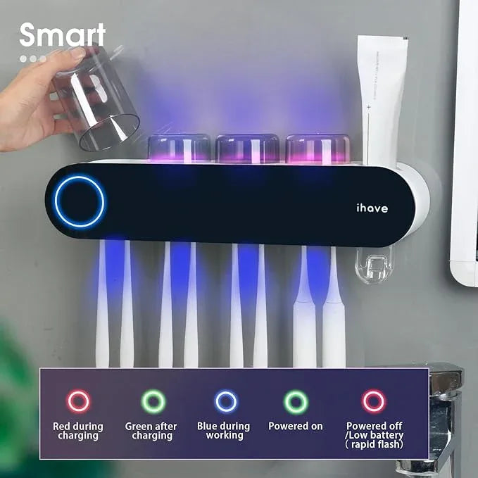 iHave Toothbrush Holders for Bathrooms, UV Toothbrush Sanitizer and Holder Smart Home Bathroom Accessories, 4 Cups Electric Toothbrush Holder Wall Mounted with Toothpaste Dispenser Bathroom Decor - ModernBath