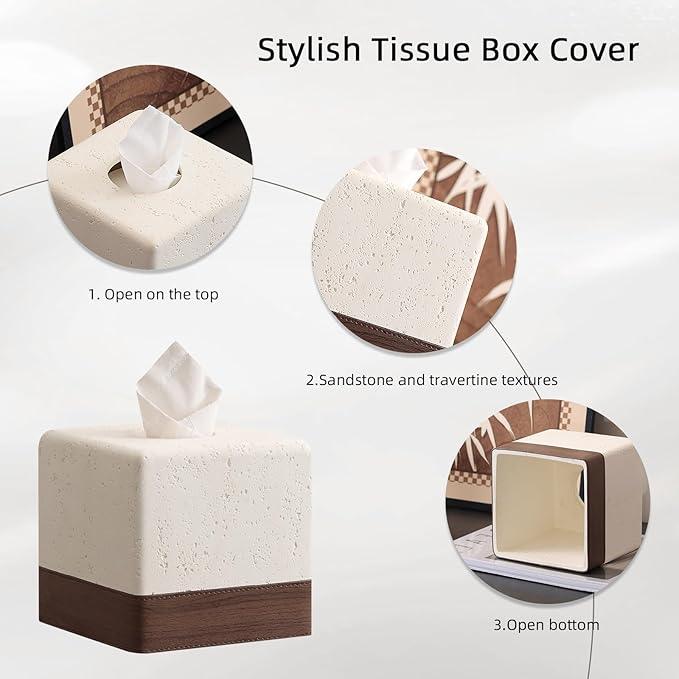 Haocoott Tissue Box Cover Square, Resin Facial Tissue Holder Covers Toilet Paper Holder Decorative Travertine Paper Dispenser Home Decor for Bathroom Bedroom Living Room Office - ModernBath