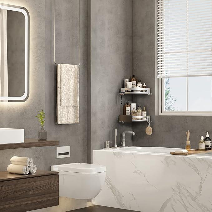 VOLPONE Corner Shower Shelves with Hooks Shower Storage Rack Rustproof Tub Organizer Drill Free (adhesive mounting, no suction cup) Shampoo Holder Wall Mount Corner Shower Caddy (3-Pack, Silver) - ModernBath