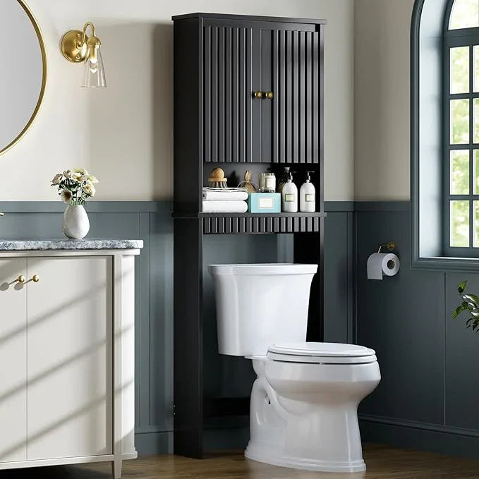 Over The Toilet Storage Cabinet, Over The Toilet Storage with Fluted Door Over The Toilet Cabinet with Adjustable Shelf Above The Toilet Storage Cabinet for Bathroom Organizer, Black - ModernBath