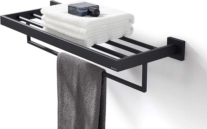 Towel Rack, Towel Shelf for Bathroom, Square Modern Hotel Style Towel Rack with Shelf, 24Inch, Matte Black, Wall Mounted, No Assembly, 071100-MB Les Series - ModernBath