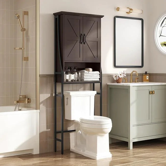 Over The Toilet Rack for Bathroom, Over The Toilet Storage Cabinet, Over Toilet Bathroom Organizer with Double Barn Doors Space Saver Rack Above Toilet Storage Cabinet (Espresso) - ModernBath