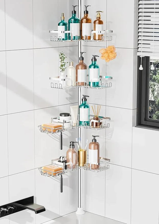 KEGII Shower Caddy Tension Pole – Corner Rustproof Bathroom Organizer with Soap Holder & Hooks, No-Drill Adjustable Shower Shelf for Renters for Families & Renters, 25-114.2 Inch, Silver - ModernBath