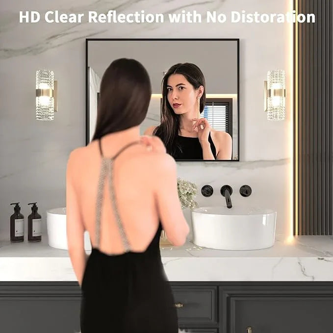 LOAAO 40"X32" Black Rectangle Bathroom Mirror Wall, Matte Black Aluminum Alloy Frame, Tempered Glass, Hangs Vertically or Horizontally, Easy to Install - ModernBath