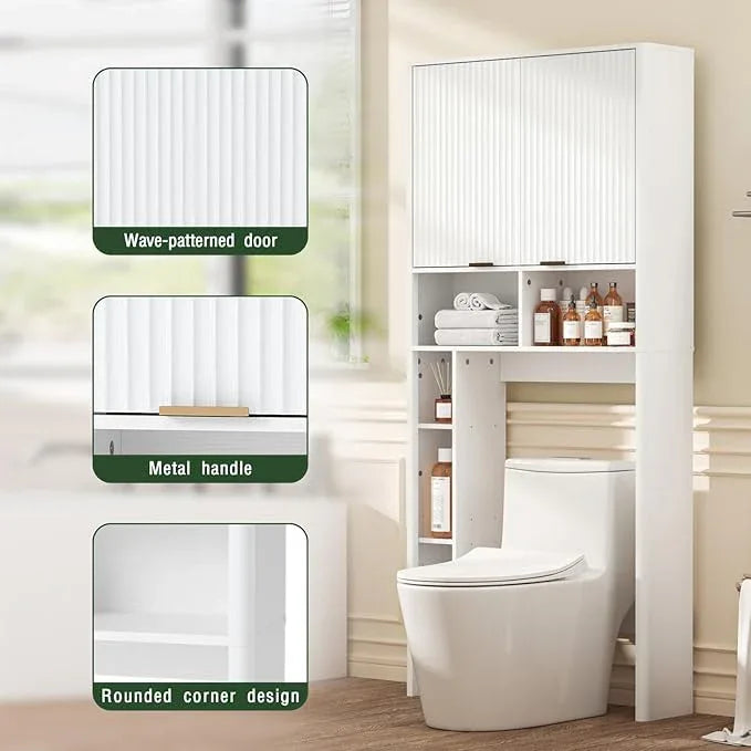 31" W Over The Toilet Storage Cabinet with Fluted Door, White Bathroom Organizer with Adjustable Shelf, 67''H Tall Toilet Paper Holder Stand Wave Door for Restroom, Laundry Room - ModernBath