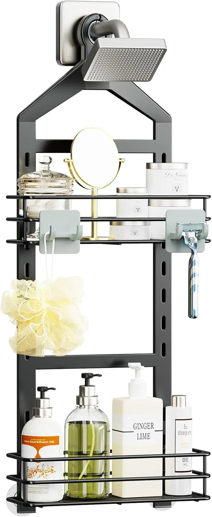 Orimade Adjustable Anti-slip Shower Caddy over Head, Rustproof Bathroom Hanging Shower Organizer with 2 Hooks for Razor, No Drilling Shower Shelves Storage Rack 2 Tier, Black - ModernBath
