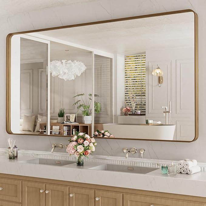 LOAAO 84X32 Inch Bathroom Mirror with Wood Grain Colored Metal Frame, Rounded Rectangle Metal Framed Bathroom Mirror, Anti-Rust, Hangs Horizontally or Vertically, Tempered Glass - ModernBath