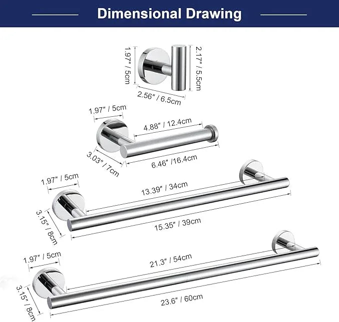 5 Pieces Bathroom Hardware Set, 23.6-inch+15.35-inch Bathroom Towel bar SUS304 Stainless Steel Bathroom Towel Bar Set Polished Chrome - ModernBath