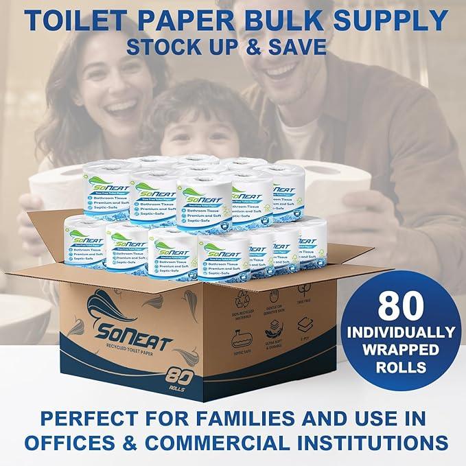 2-Ply Toilet Paper Bulk | Septic safe toilet paper | 40,000 Soft Sheets | 80 Rolls x 500 Sheets Each | Recycled Fiber & Strong Bath Tissue Mega Pack for Home & Commercial Use - ModernBath