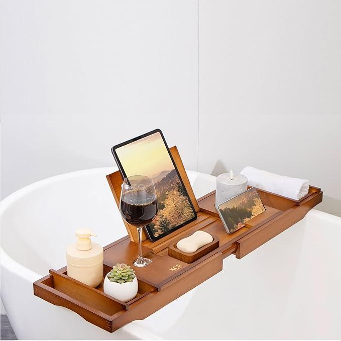 XcE Bamboo Bathtub Caddy Tray - Expandable to 41 Inches with Book Stand, Soap Holder & Anti-Slip Pads for Luxury Bath Spa, Brown - ModernBath