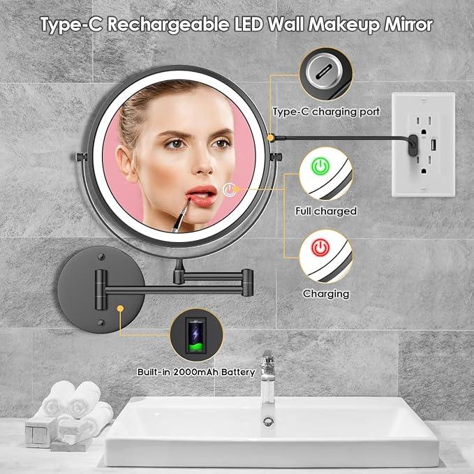 Rocollos 9" Wall Mounted Lighted Makeup Mirror, Large Double Sided 1X/10X Magnifying Mirror, 3 Color LED Vanity Mirror, Touch Dimmable 360° Swivel Light Up for Bathroom - ModernBath