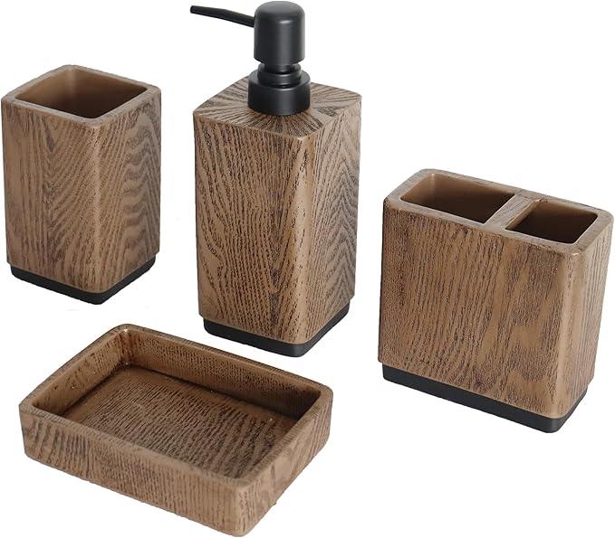 Hymmah Wood Grain Design Bathroom Accessories Set,Farmhouse Bathroom Decor,4 Pcs Resin Gift Set Apartment Necessities, Contain Cotton Swab Jar,Soap Dispenser,Tumbler，Soap Dish/Tray - ModernBath