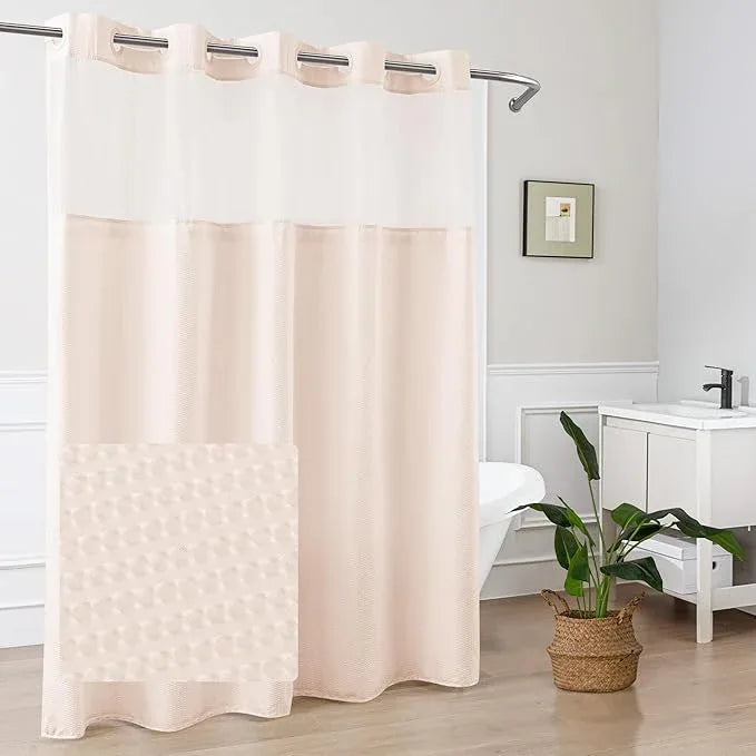 Mrs Awesome No Hook Shower Curtain with Snap-in Liner, Embossed Waffle Design Fabric Shower Curtain for Bathroom, Soft & Lightweight, 71x74, Pink - ModernBath