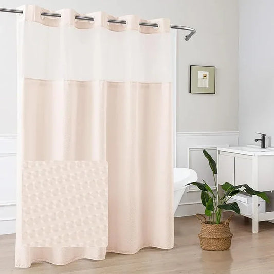Mrs Awesome No Hook Shower Curtain with Snap-in Liner, Embossed Waffle Design Fabric Shower Curtain for Bathroom, Soft & Lightweight, 71x74, Pink - ModernBath