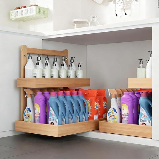 Bamboo Undersink Organizer Storage - 2-Tier Cabinet Shelf with Adjustable Levels, Under Sink Storage Slide Out for Cabinet Pantry Kitchen Bathroom (Natural) - ModernBath