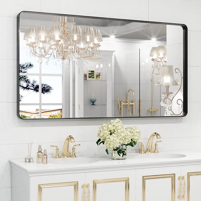 WEER Black Metal Frame Bathroom Mirror, 55x30 Inch Black Bathroom Vanity Mirror for Over Sink Wall, Rounded Rectangle Matte Black Mirror, Anti-Rust, Tempered Glass, Hangs Horizontally or Vertically - ModernBath