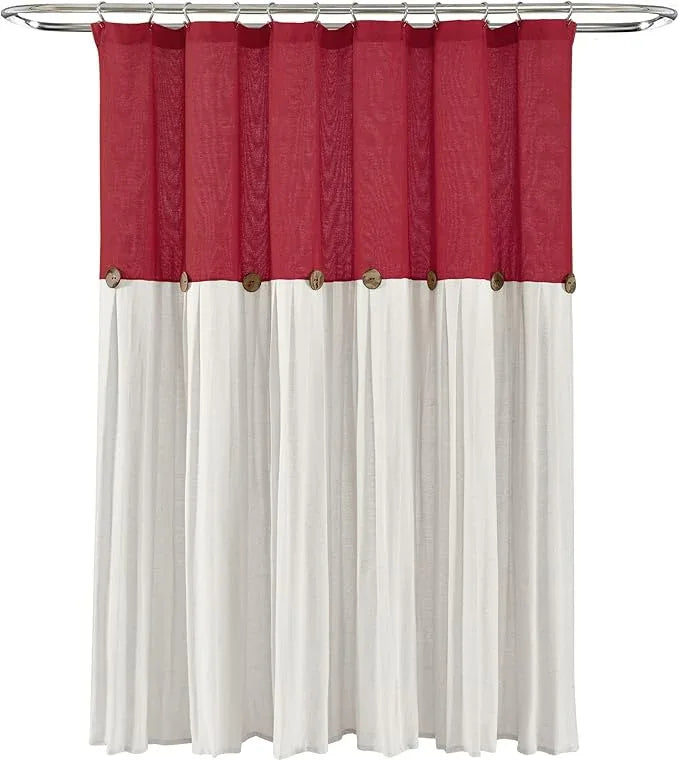 Lush Decor Linen Button Shower Curtain, 72" W x 72" L, Red & Off White - Red Bathroom Curtain - Fabric Shower Curtains - Farmhouse Bathroom Decor - ModernBath
